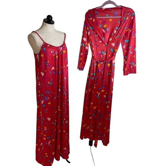 Vanity Fair Vintage 80s Womens Nightgown Robe Set Size S Red Brush Stroke Print - Picture 1 of 10